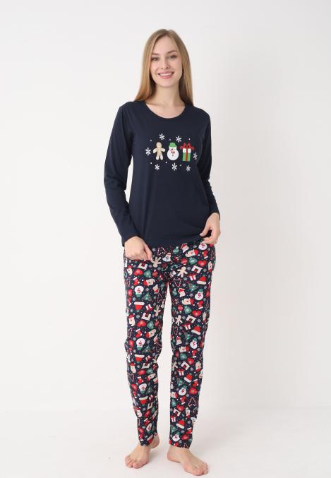 Pijama dama Craciun,maneca lunga si pantaloni lungi,imprimeu figurine festive, En-gros